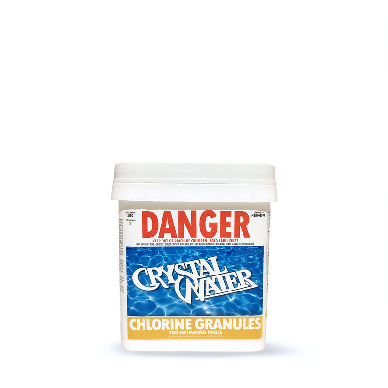 Pool Chemicals, Crystal Water	Chlorine Granules 4KG. Chlorine Granules maintain the health of your pool and keep it clean by destroying and preventing algae/bacteria growth in pool water.