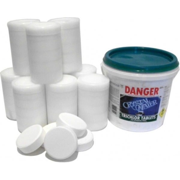 Pool Chemicals, Crystal Water	Trichlor 200g 50 Tablets. Chlorine tablets are a convenient and simple way of adding stabilized chlorine to your pool. 