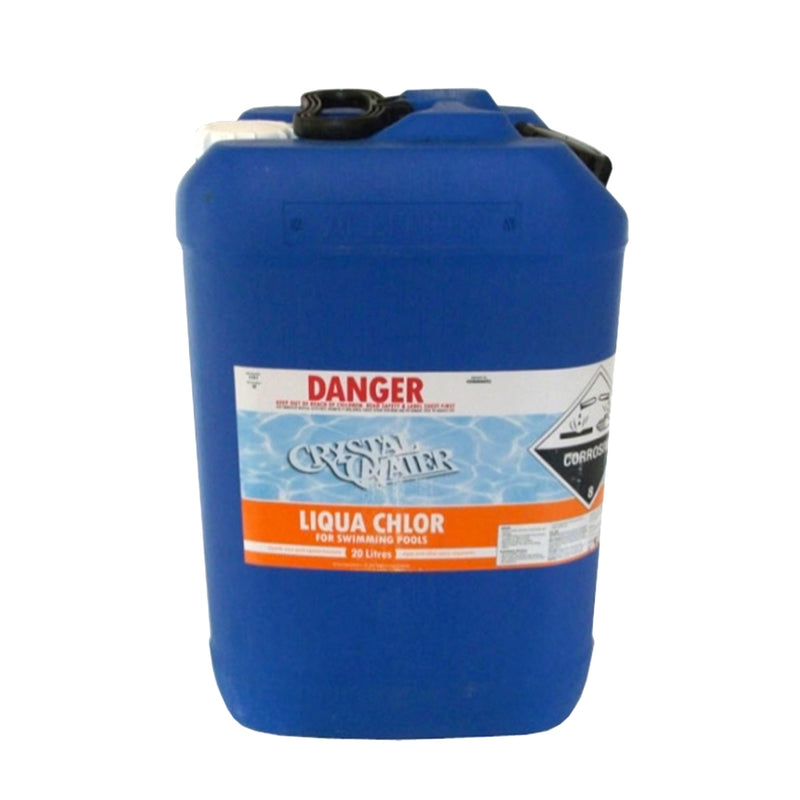 Pool Chemicals, Crystal Water	Liquid Chlorine 10L. Liquid chlorine maintains the health of your pool and keeps it clean by destroying and preventing algae/bacteria growth in pool water.