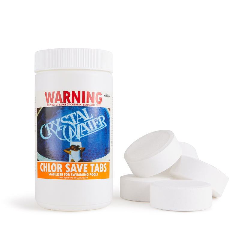 Pool Chemicals, Crystal Water	Chlor Save 200g 10 Tablets. Added to pool water to slow the rate at which free chlorine is destroyed by sunlight. 