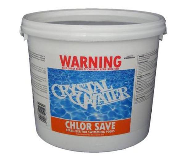 Pool Chemicals, Crystal Water	Chlor Save Granules 3KG. A stabiliser which is added to pool water to slow the rate at which free chlorine is destroyed by sunlight.